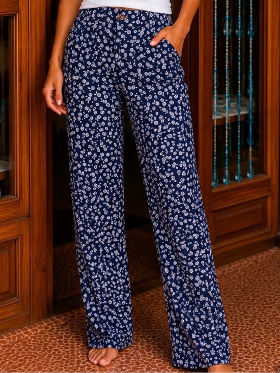 J. Crew Pants - J.Crew Lizzie high-rise wide-leg pants navy blue white floral print size 24